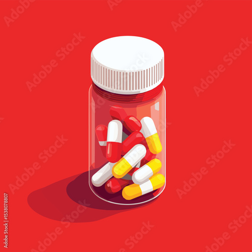 isometric medical pill tablet container plastic bottle drug capsules pharmaceutical care treatment 3d flat illustration pharmacy medication, vector style simple color
