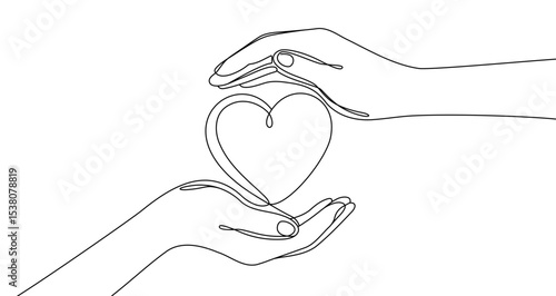 Black hands passing a heart in one line art style. Hands drawing with editable stroke on white background. Vector illustration.