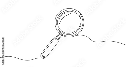 Black magnifying glass in one line art style. Magnifying glass drawing with editable stroke on white background. Vector illustration.