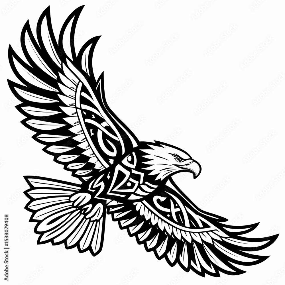Obraz premium An eagle mascot with powerful wings covered in tribal tattoo motifs