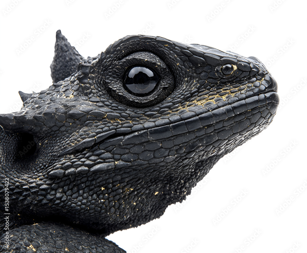 Fototapeta premium Close-up profile view of a black spiny lizard head, showcasing intricate scales and large eyes.