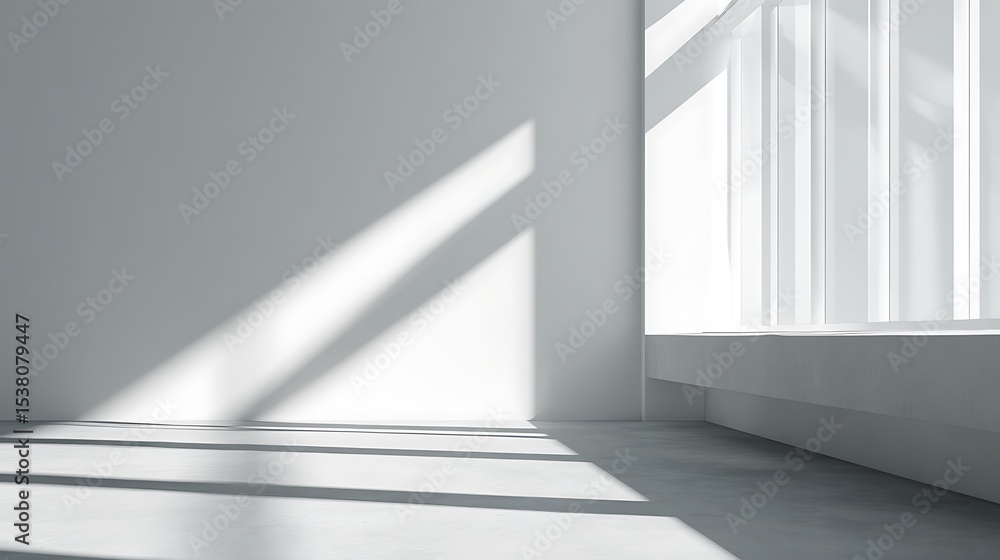 Fototapeta premium Ultra-detailed 3D rendering of bright white wall and window with sunlight casting shadows on the floor, minimalist interior design with empty space for text or product display, close-up composition