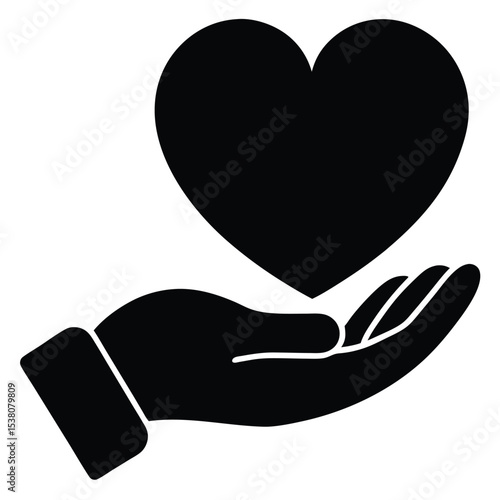 Black silhouette of a hand holding a heart symbolizing love compassion and care on white background