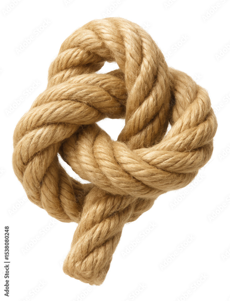 Thick natural fiber rope tied in a complex knot on transparent background. Thick natural fiber rope tied in a complex knot on transparent background.