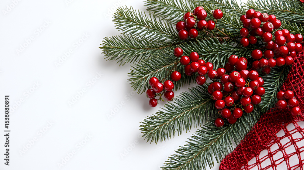 Festive green Christmas tree branches with red ornaments, pinecones, and golden decor for holiday season celebration Festive green Christmas tree branches with red ornaments, pinecones, and golden decor for holiday season celebration