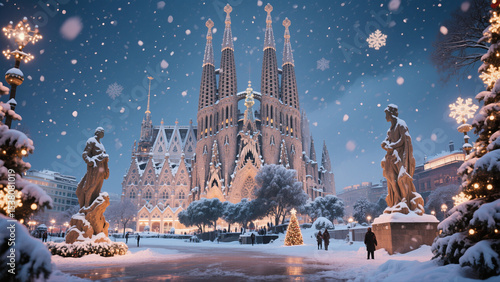 Ultra-realistic view of Sagrada Familia on a rare snowy Christmas day, soft snowflakes on gothic towers, festive lights illuminating sculptures, peaceful holiday atmosphere in front of the basilica