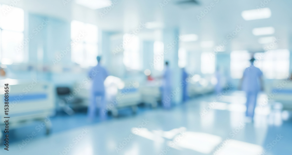 Fototapeta premium Blurred hospital ward with beds and medical staff in a bright setting.