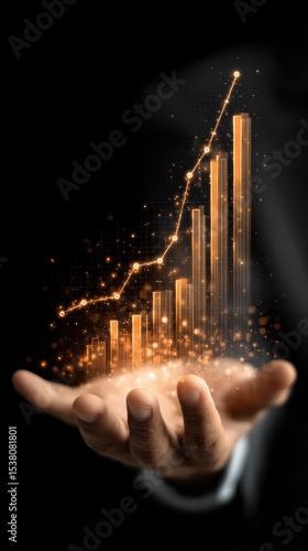 Hand presenting a glowing upward trend graph with golden bars and a bright, ascending line against a dark background.