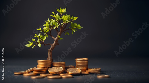 Conceptual image of a strong tree growing from coins, representing the enduring stability and growth provided by a pension fund, retirement growth, pension-driven security