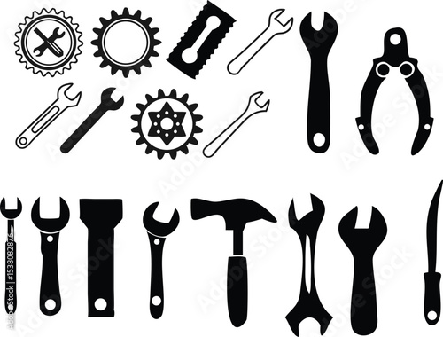 engineering, mechanical, industrial, machine parts, gears, cogs, spanners, hammers, screwdrivers, toolbox, black and white, vector icons, technical, machinery, workshop, DIY, repair, blueprint style
