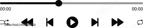 Music or video play bar icon. Audio player for songs or podcast playlist. Play, shuffle, repeat, rewind and fast forward buttons. Template of media player playback panel interface.