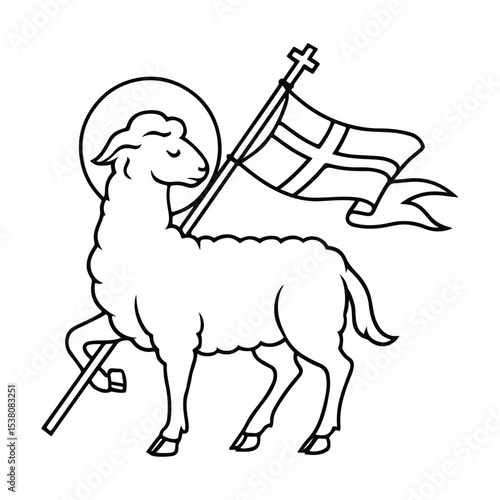 Line art of lamb with cross on flag, Lamb of God logo vector