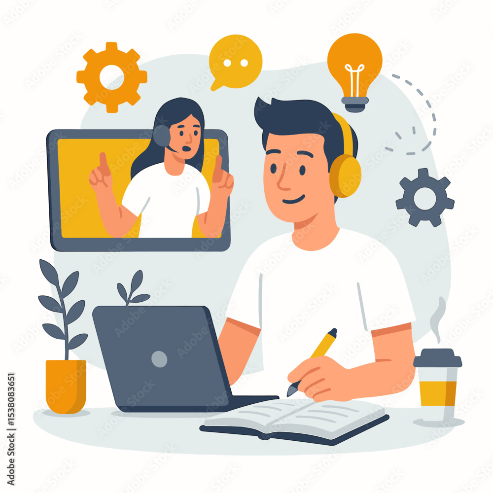 Flat vector illustration of a young man attending an online class with a female instructor on screen, taking notes in a notebook, surrounded by learning icons like gears, lightbulb, and speech bubbles Flat vector illustration of a young man attending an online class with a female instructor on screen, taking notes in a notebook, surrounded by learning icons like gears, lightbulb, and speech bubbles