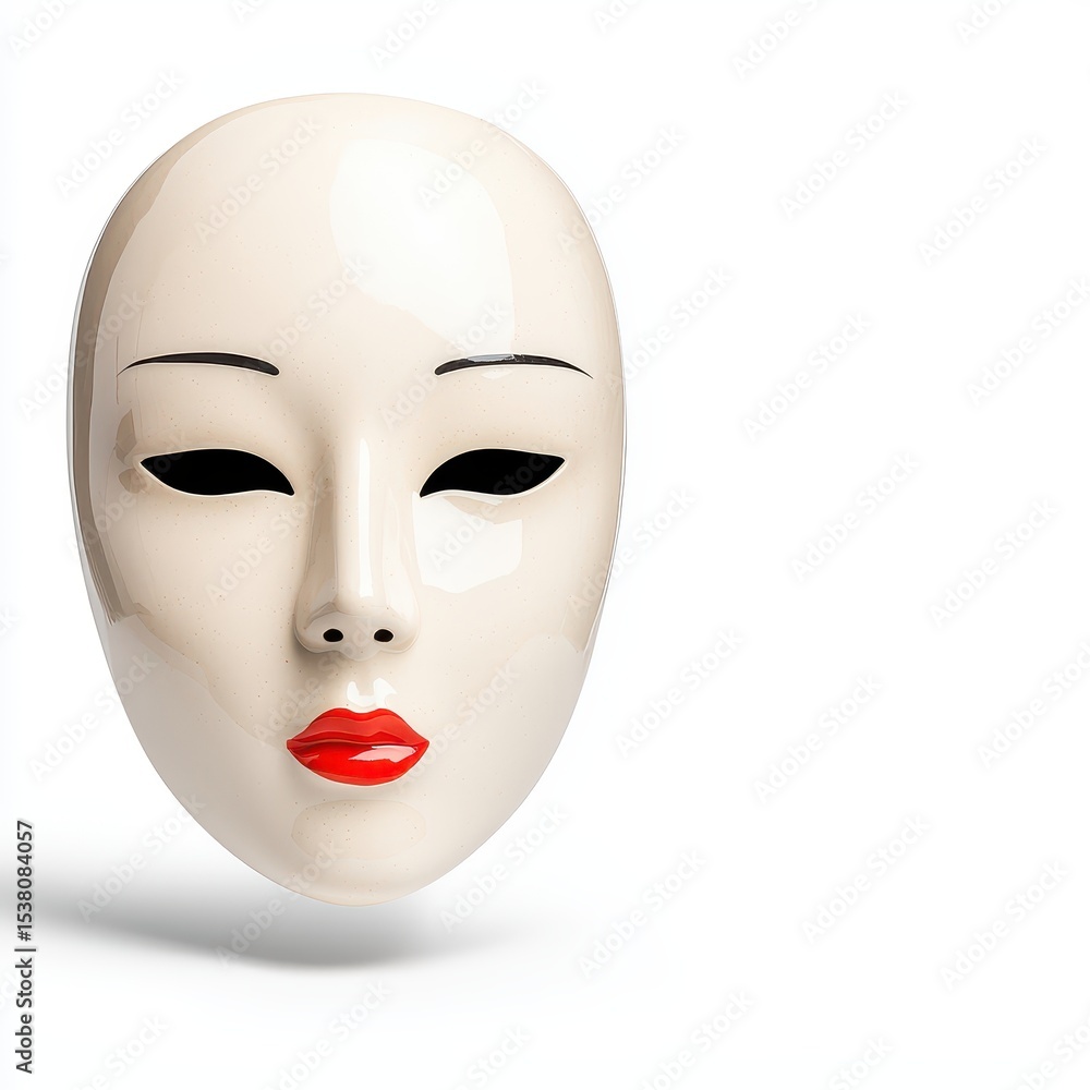 Off White Porcelain Mask with Red Lips Against White Background Off White Porcelain Mask with Red Lips Against White Background