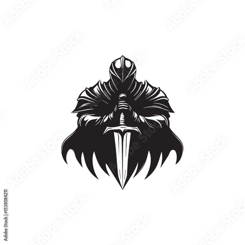 a determined warrior in a helmet, a knight, holds a sword in front of him with both hands, ready to plunge it