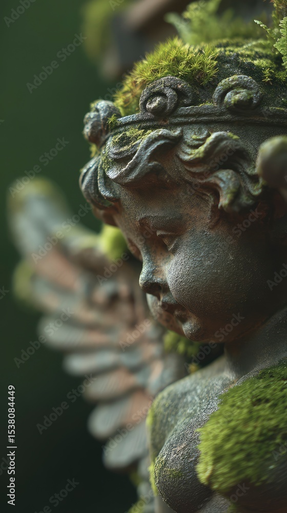 Obraz premium Close-up of fountain cherub sculpture with moss details, elegant country manor visible in blur