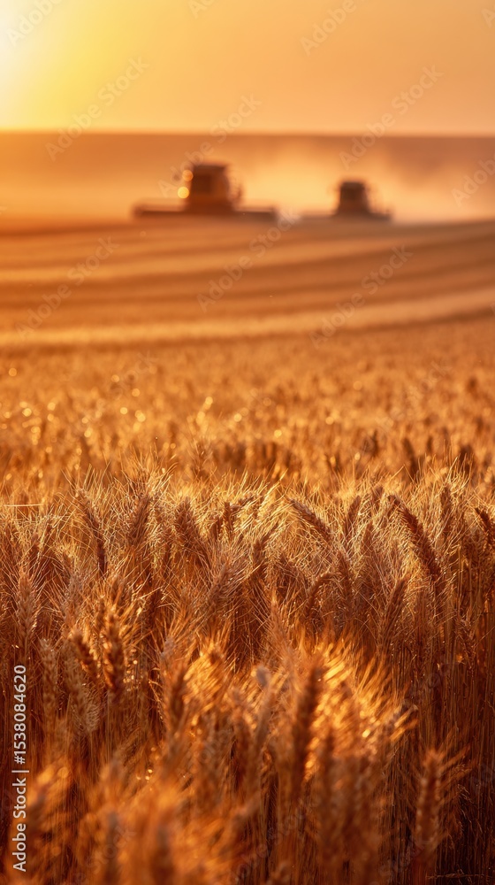 Obraz premium Harvesting Wheat at Sunset: Combines in Action