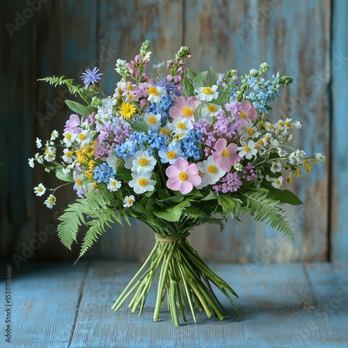 Fototapeta Naklejka Na Ścianę i Meble -  romantic wildflower bouque Bouquet of fresh flowers arranged beautifully on a wooden table