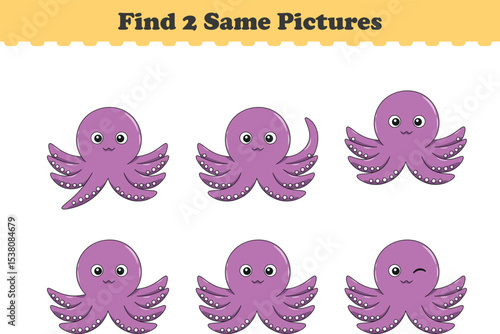 Funny cartoon squid. Find two same pictures. Educational game for children. Cartoon vector illustration