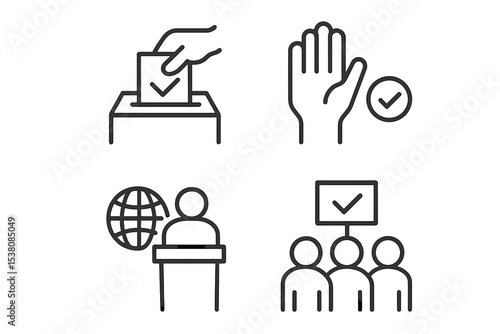 Voting process illustrated through hand gestures, symbolic actions, and community engagement activities during election day