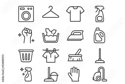 Icons representing laundry and cleaning supplies in a minimalist style suitable for household cleaning guide