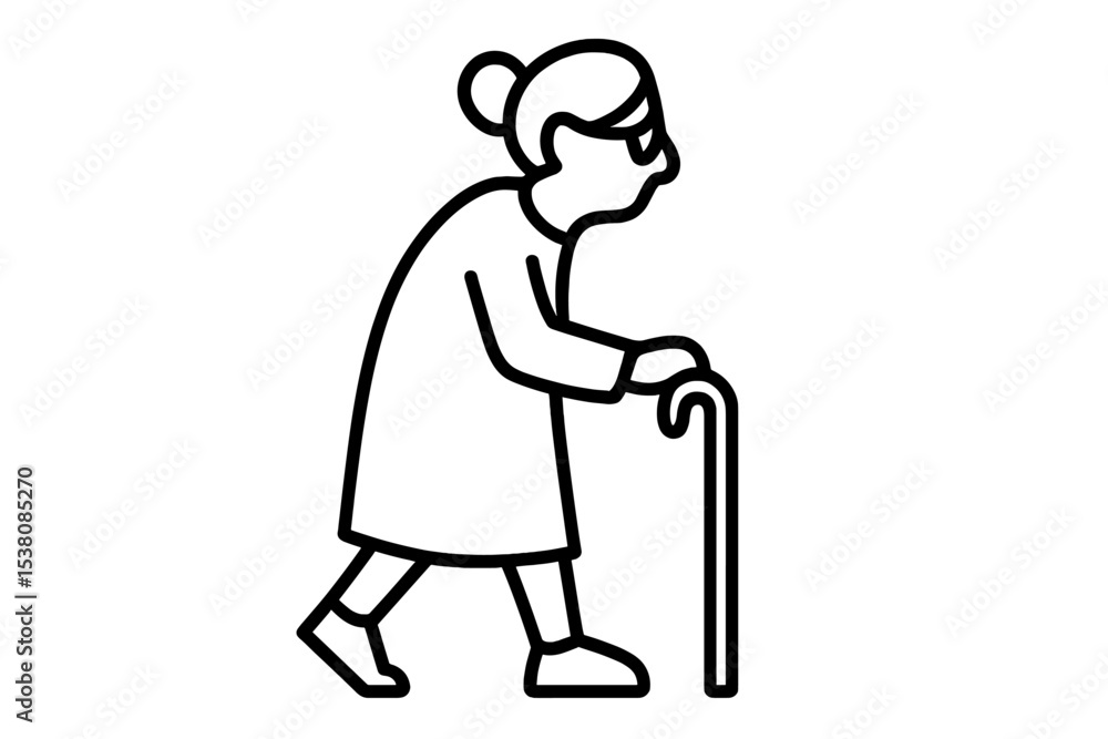 Elderly woman walking with a cane in a simple and elegant line design style Elderly woman walking with a cane in a simple and elegant line design style