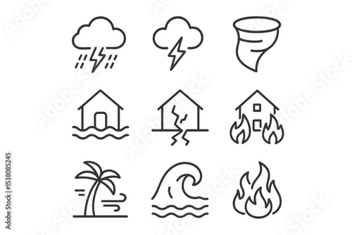 Weather symbols illustrating natural disasters including floods, tornadoes, fires, and storms in a simple design