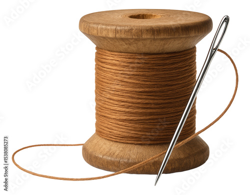 Wooden spool with brown thread and a metal sewing needle on transparent background.