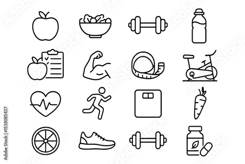 Illustrations of healthy lifestyle symbols including exercise, nutrition, and fitness gear for wellness promotion