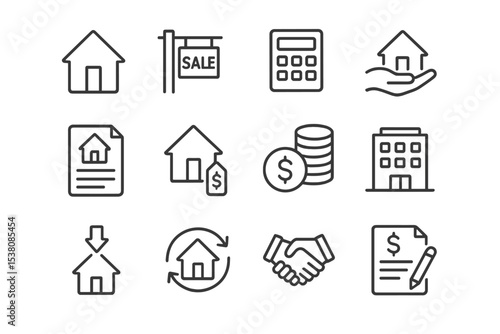 Real estate symbols showcasing home buying, selling, and financial processes in a clean design