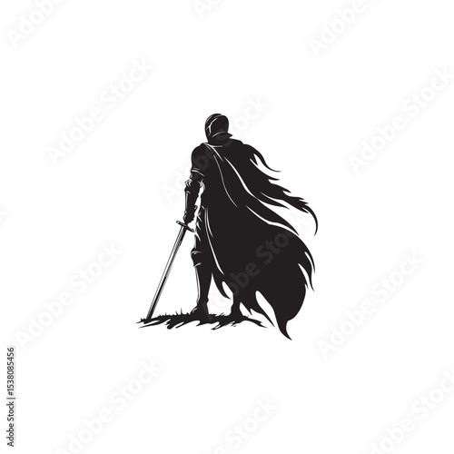a warrior standing at full height with his back turned, holding a sword in his hand