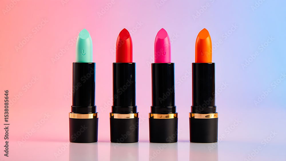Obraz premium Four colorful lipsticks displayed against a gradient background cosmetic product concept