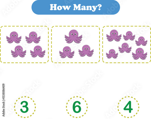 Counting game of wild animals for preschool kids. Counting squid. Printable. Vector Illustration