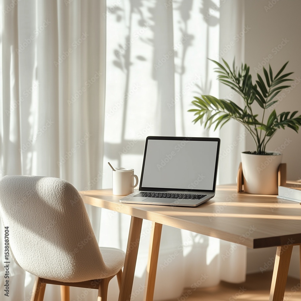 Fototapeta premium Minimalist Scandinavian home office with laptop on wooden desk, coffee mug, indoor plant, cozy chair and white walls, bathed in soft natural daylight, remote work concept with shallow depth of field