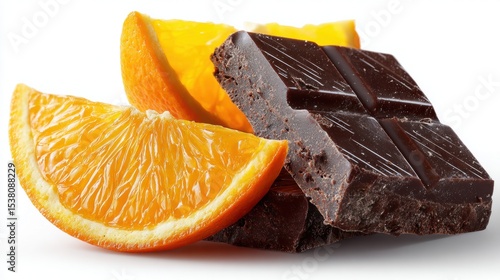 Slices of orange and dark chocolate pieces arranged together