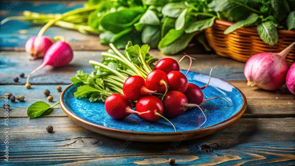 Radish on a blue plate garnished with fresh herbs, vegetable, kitchen Radish on a blue plate garnished with fresh herbs, vegetable, kitchen