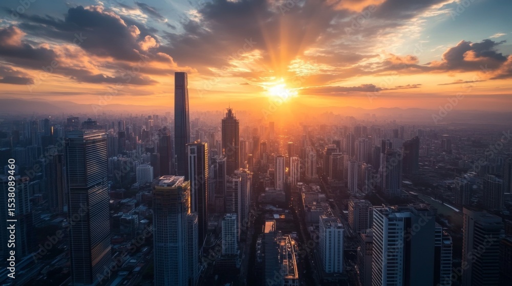 custom made wallpaper toronto digitalAn overhead view of a bustling cityscape with the sun setting between high-rise buildings, creating a beautiful gradient of colors in the sky and casting a warm glow over the urban landscape.