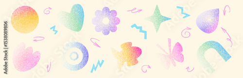 Grain various colors noise gradient geometric shape set. Y2k iridescent heart, drop and arch with flower forms. Gritty grunge butterfly and fish icons on beige background. Vector illustration.