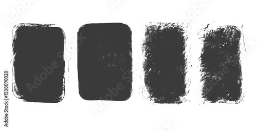 Black soiled grunge text boxes set. Callouts rectangles frames. Linocut rolled paint black tag. Vector handmade brayer stamp smudged texture. Rough paint decorative irregular border.