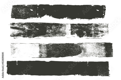 Straight long streaks. Grunge brush paint stokes. Brayer ink black lines. Thick paint rolled stripe stamps set. Chalk wide underlines Vector abstract pen smear labels banners on white background.