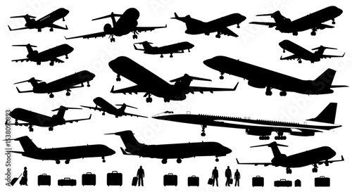 Collection of Airplane Silhouettes with Passengers and Luggage
