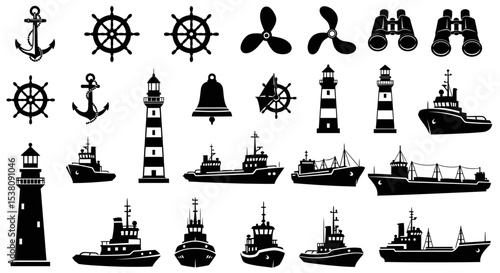 Collection of Nautical Silhouettes: Ships, Anchors, and Lighthouses.
