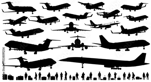 Silhouettes of Various Airplanes and Passengers with Luggage