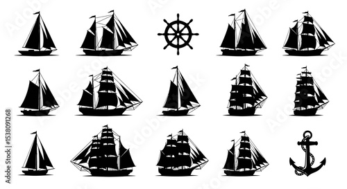 Collection of Vintage Sailboat and Ship Silhouettes