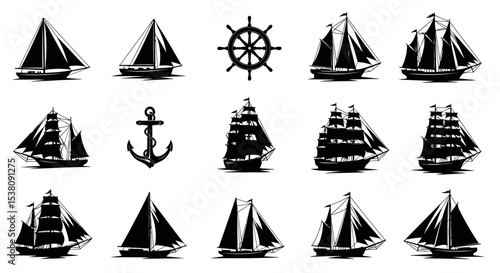 Collection of Various Sailing Ships, Anchor, and Ship's Wheel Silhouettes