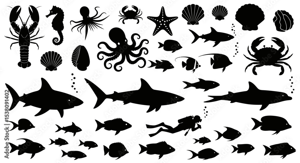 Naklejka premium Silhouetted Marine Life Collection Featuring Sharks, Fish, and Diver