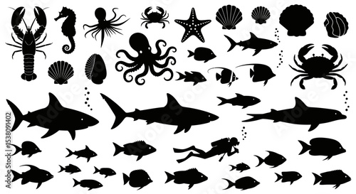 Silhouetted Marine Life Collection Featuring Sharks, Fish, and Diver