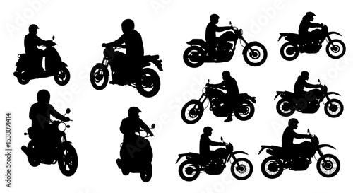Silhouetted Motorcyclists Riding Various Motorcycles and Scooters.