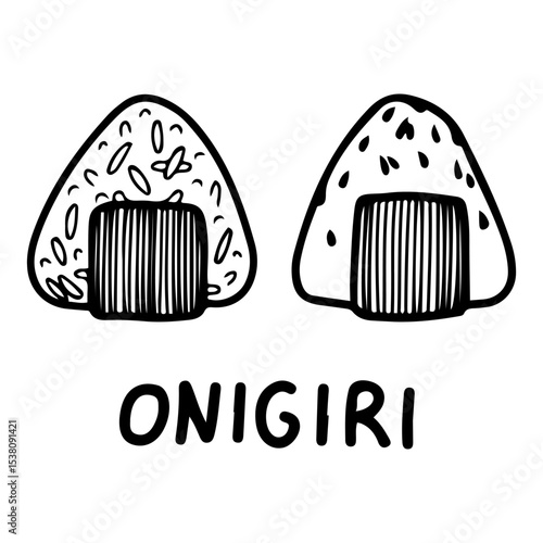 Onigiri set. Hand drawn doodle vector. Traditional Asian food of rice wrapped in nori with seafood filling. Restaurant menu. Illustration line art element.