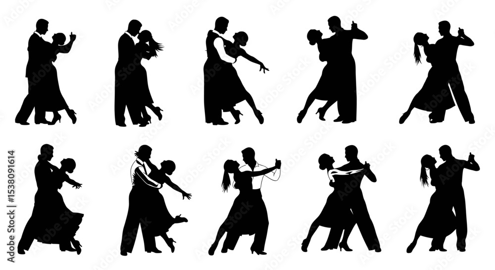 Obraz premium Silhouettes of couples dancing tango in various poses and styles